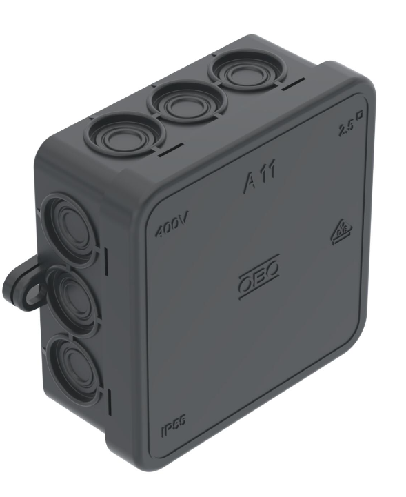 OBO 2000182 škatuľa A11 HF SW, prázdna čierna, prisadená, IP55, 85x85x40mm