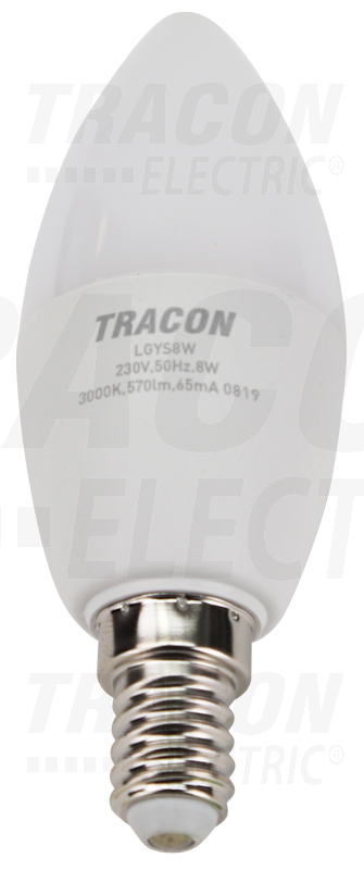 Žiarovka LGYS8W LED sviečka (chip-SAMSUNG) 230V,50Hz,8W,3000K,E14,710lm,180°,C37,EEI=F + (RP5)