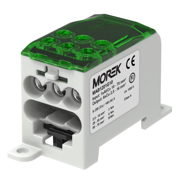 Blok distribučný OJL 200A (MAB1201G10) 1x10-70mm2 Cu/Al / 6x2,5-16mm2 Cu zelený