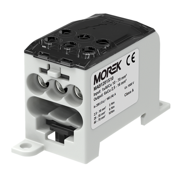 Blok distribučný OJL 200A (MAB1201S10) 1x10-70mm2 Cu/Al / 6x2,5-16mm2 Cu sivý