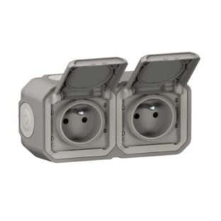Zásuvka 069768L PlexoN sivá s clonkami, 2nás. 250V/16A, IP55/IK08, komplet na povrch